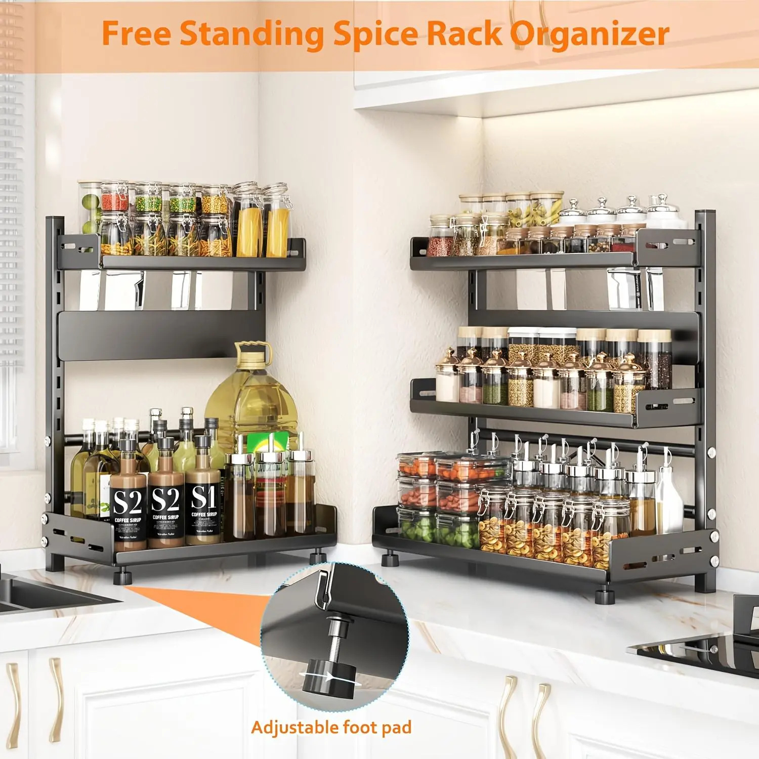 2/3 Tier Kitchen Spice Organizer, 15.75/19.69inch Spice Jar Organizer, Metal Rustproof, Height Adjustable Vertical Large Spice Organizer With Guard Rails And Knife Holder For Kitchen, Bathroom Storage Organizer, Moving Gifts! small multifunctional cup