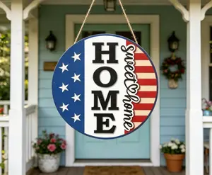 DIY Build & Paint Your Own Patriotic Home Sweet Home Door Sign | 10in Round Unfinished Wood USA Flag Hanger, 4th of July Front Porch Decor