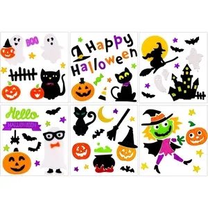 XIMISHOP Halloween Gel Window Clings - 6 Sheets Pumpkin Ghost Witch Stickers for Home Decor Removable Reusable TPR Material Smooth Surface Easy Application