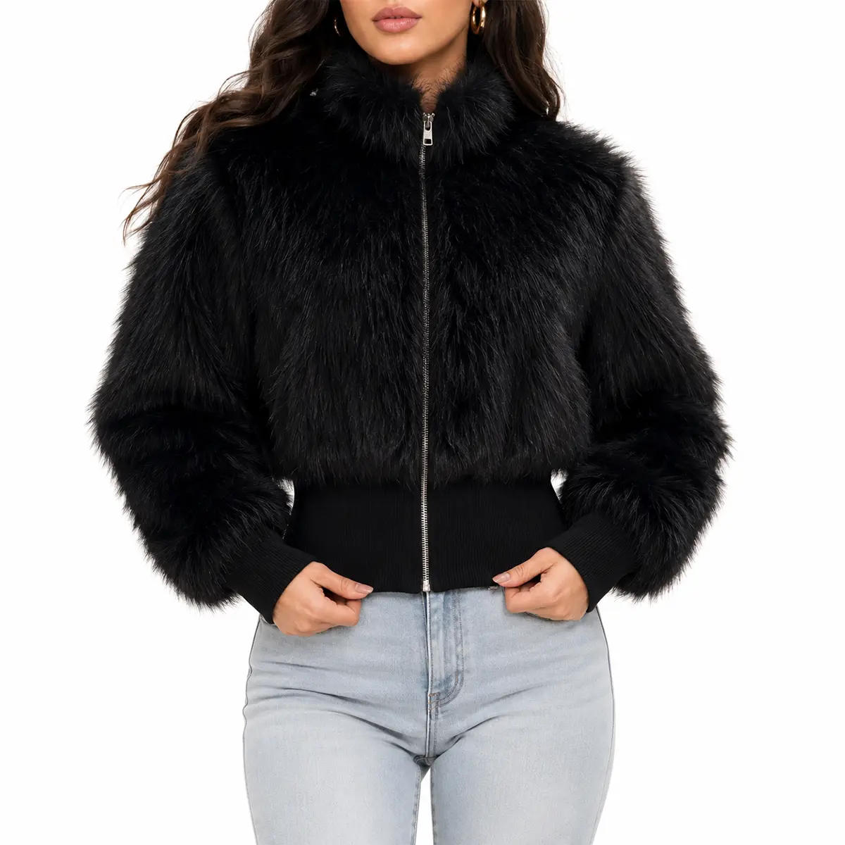 Yimoon Women's Faux Fur Jacket Cropped Plush Coat Stand Collar Zip Up Winter Warm Luxury Outerwear Casual Chic Fuzzy Jacket