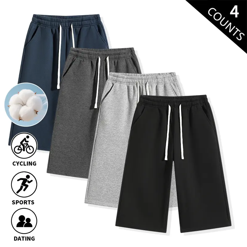 4-Pack Men’s French Terry Capri Shorts, Elastic Drawstring Waist, 7/8 Length (Below Knee), Sweat Shorts, Loose Casual Lounge Pants with Pockets, Athletic Sports Capris for Cycling, Everyday Wear, and Dating