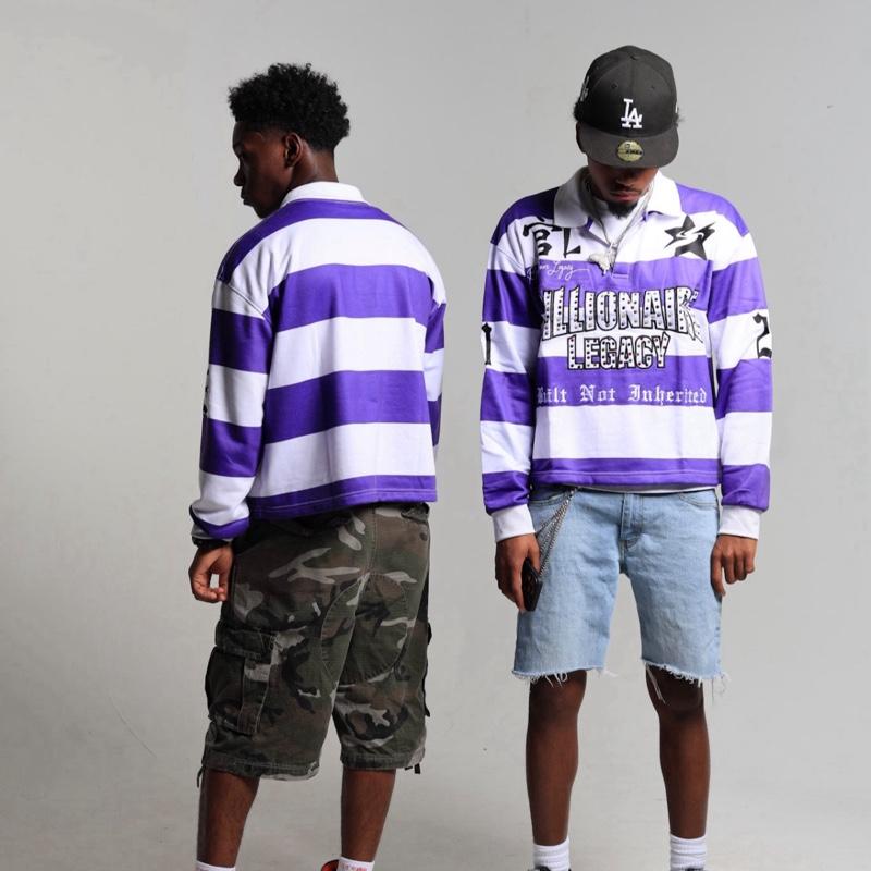 Purple YR 2 Rugby Polo - Men's Casual Long Sleeve Top with Striped Design and Star Logo