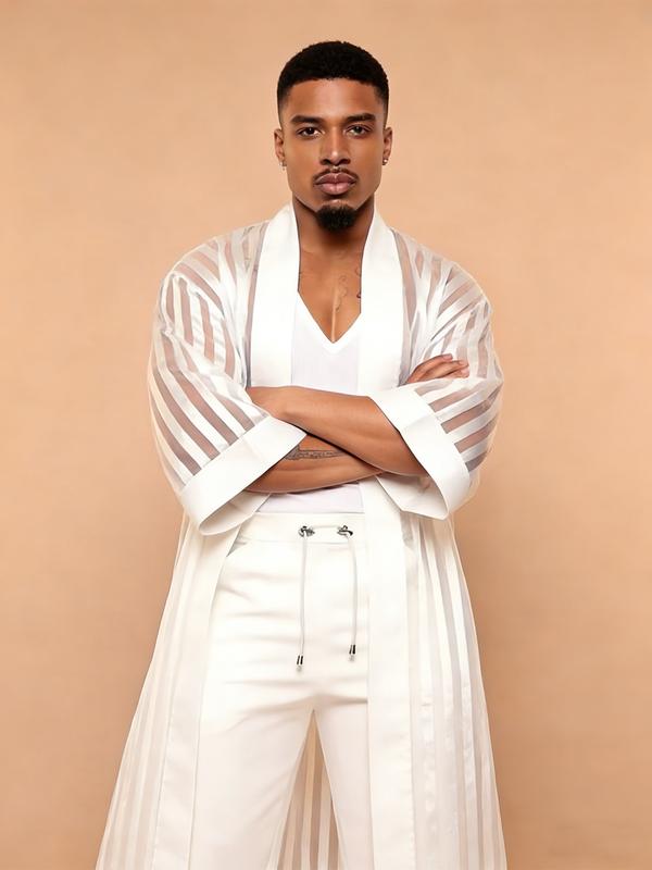 Men’s Sheer Striped Kimono Jacket – White Statement Layer for Nightwear & Fashion Styling