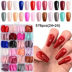 576pcs Long Ballerina False Nails, Glossy Finish, Reusable, Removable Nail Art, No File Needed, Perfect for Parties, Travel, Daily Wear, Multiple Sizes & Colors