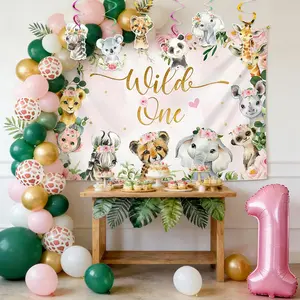 LaVenty Wild One Birthday Party Decorations Pink Jungle 1st Birthday Decorations for Girls Safari Sage Green Balloon Animal Jungle Theme Party Suplies