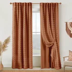Boho Blackout Curtains for Bedroom 84 Inch Length 2 Panels Set,Vintage Farmhouse Terracotta Rust Pom Pom Textured Patterned Layer Sheer Overlay Bohemian Drapes for Living Room