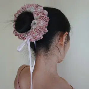 Personalization Gifts Floral Embroidered Eyelet Scrunchie  Vintage Trimmed Hair Tie  Handmade Bow Embroidery Lace Scrunchies Four-layer Ruffle Scrunchies