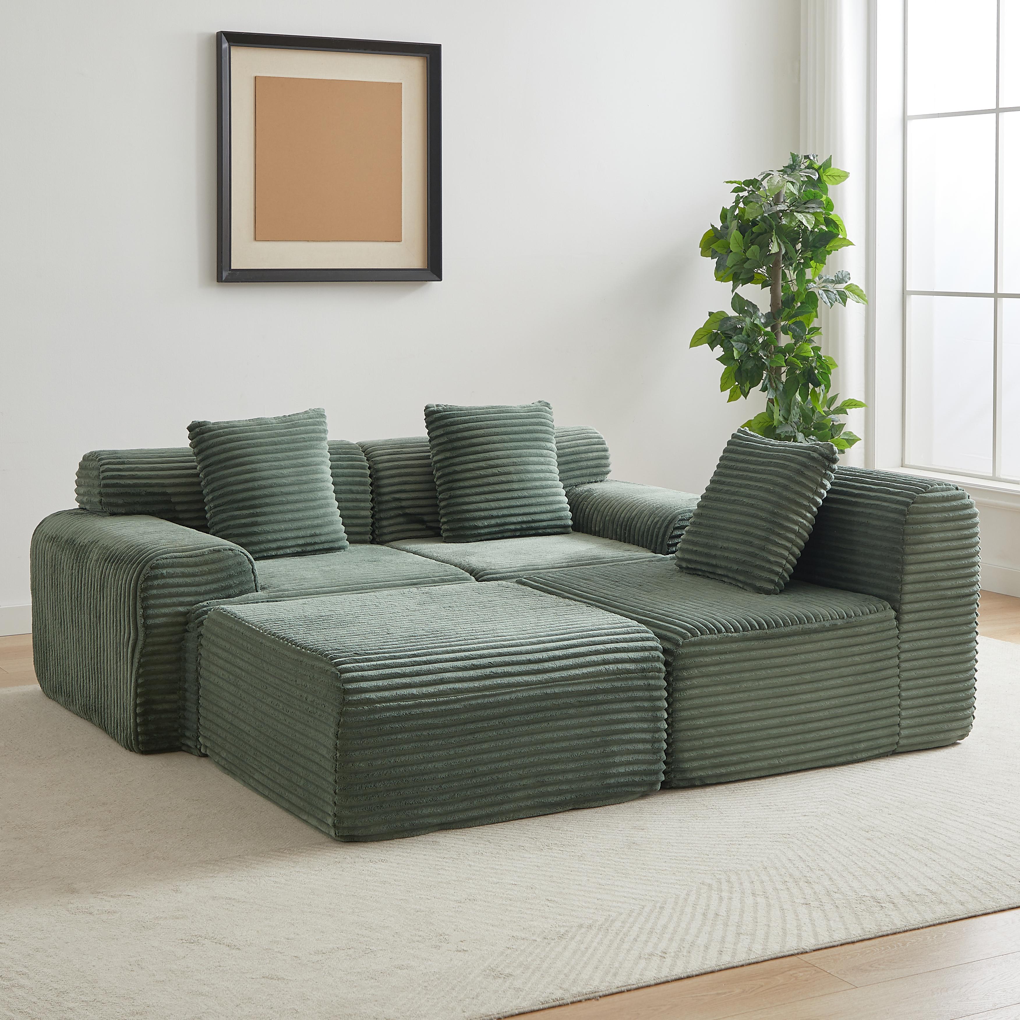114 Inch Corduroy Modular Sectional Sofa Boneless Couch with Inlaid Structural Design, 4 Freely Configurable Modules, Extra Wide Backrest and 3 Throw Pillows, Modern Upholstered Cloud Sofa for Living Room and Apartment