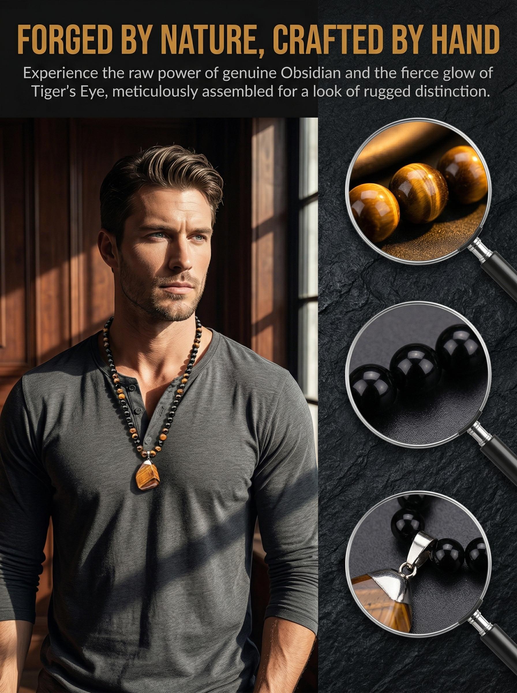 1 Piece Fashionable Retro Natural Tiger's Eye Geometric Pendant Adjustable Beaded Necklace Men's and Women's Daily Wear Jewelry Gifts