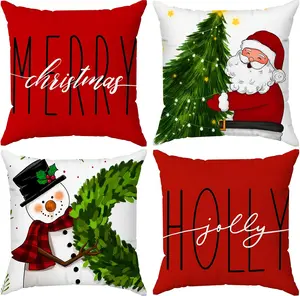 Christmas Throw Pillow Covers 18x18 in Set of 4 Decorations,Decorative Snowman Santa Pillow Case for Couch Sofa Winter Holiday Indoor Outdoor Home Red White Xams Decor