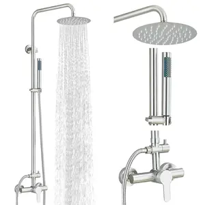 Outdoor Shower Fixtures Stainless Steel Rain Shower Kit Faucet High Pressure Wall Mount 2 Dual Function 8 Inch Showerhead and Handheld Spray Combo, Single Handle, Brushed Nickel