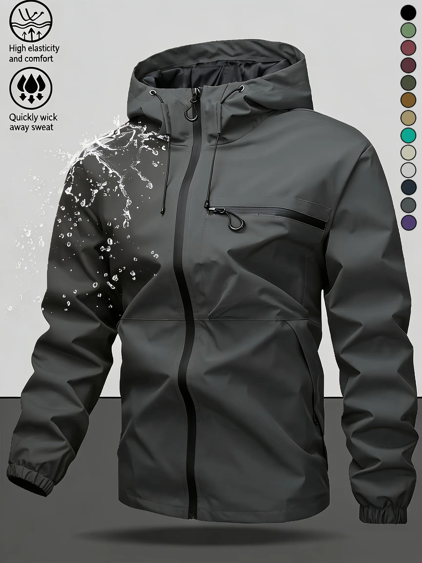 Men's Fitted Solid Woven Hooded Jacket - Waterproof, Windproof, with Zippered Pockets for Outdoor, Casual Wear