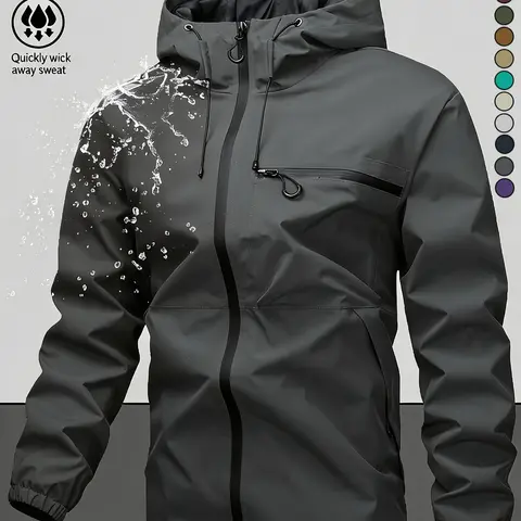 Men's Fitted Solid Woven Fabric Long Sleeve Hooded Jacket - Waterproof, Windproof, with Zippered Pockets for Outdoor, Casual Wear