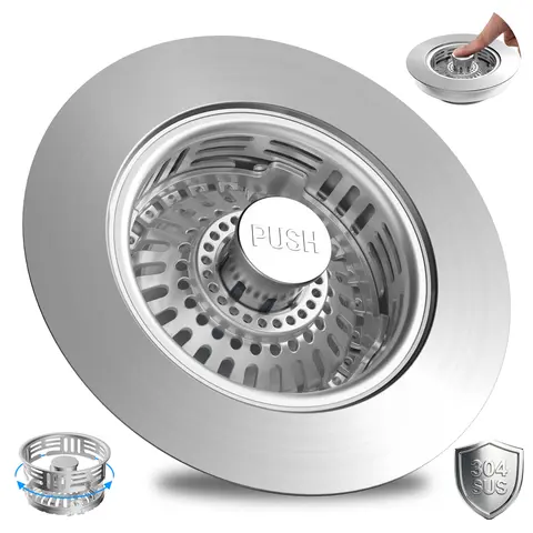 Hibbent Stainless Steel Sink Stopper - 1 Pack Upgraded Larger Detachable Basket 3-in-1 Pop-Up Drain Kitchen Gadget, All-Metal Push Down Plug with Handle Rod, Sink Drain Strainer for 2.83-3.22 in & US 3.5-in Filters, Anti-Clog Fast Drainage Accessory,home