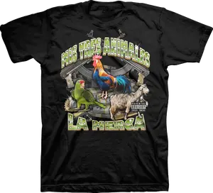 Mis Tres Animales La Merca T-Shirt – Mexican Chicano Style Graphic Tee – Bold Streetwear with Rooster Parrot Goat Design – Urban Heritage Fashion Top For Men And Women Casual Outfit