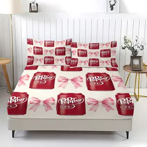 Butterfly bow and Dr. Pepper beverage combination creative design pattern bed sheet, digital printed bedding, anti slip dust cover suitable for bedroom decoration of boys, girls, and young people, including 1 bed sheet and 2 pillowcases