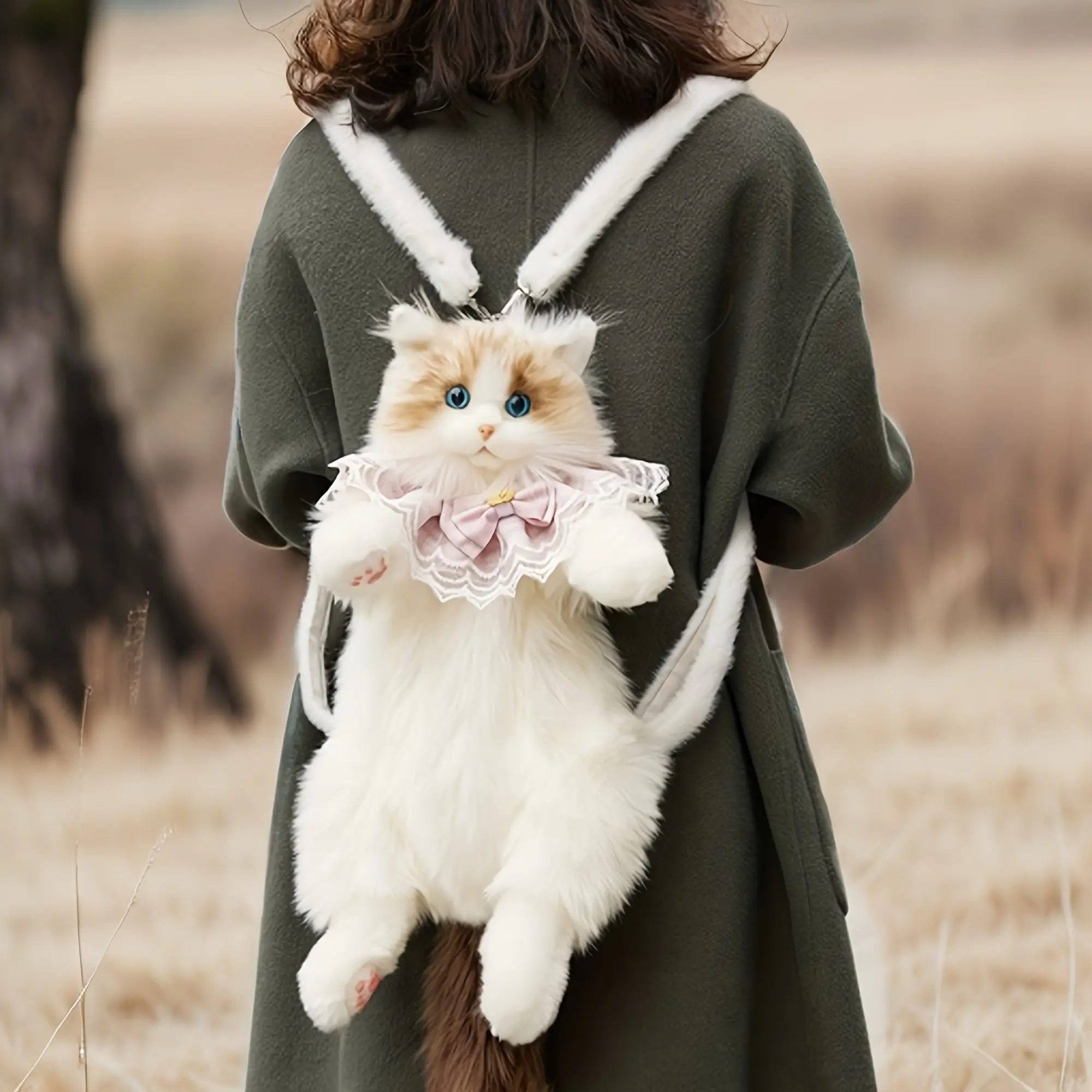 Unisex Plush Polyester Ragdoll Animal Backpack - Children's Plain School Bag with Zip, Adjustable Shoulder Strap, Cozy Look, Comforting Presence, Multi-Function for Campus & Travel Essentials