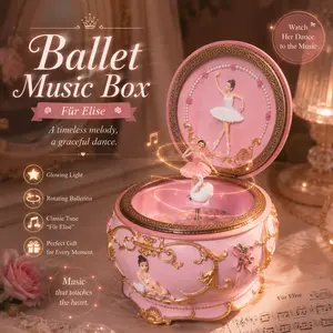 "To Alice" Pink Ballet Spinning Swan Music Box, 3D Character Chain-Operated Music Box with Lights, Romantic Birthday Gift for Girlfriend, Home Decor