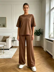 Women's Two-Piece Set, Casual Comfort Loose Solid Top and Elastic Waist Long Pants, Soft Polyester Stretch Fabric, Spring Summer, Womenswear Clothes Basic