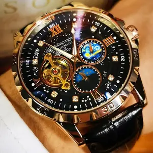 Fashionable and trendy business large-dial hollow automatic mechanical  for men, starry sky dial, luminous, sun and moon, casual sports hot item Roulette Wheel Quartz Men's Open Watch ootd