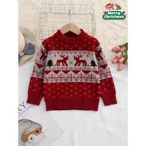 [Cute Reindeer Sweater] Christmas Reindeer Knit Crew Neck Sweater |     Boy's Pullover For Outdoor Casual Activities