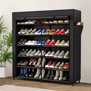 7-Tier Shoe Rack Storage Organizer 42 Pairs Portable Double Row with Dustproof Cover Non-Woven Shoe Storage Cabinet Metal Garage