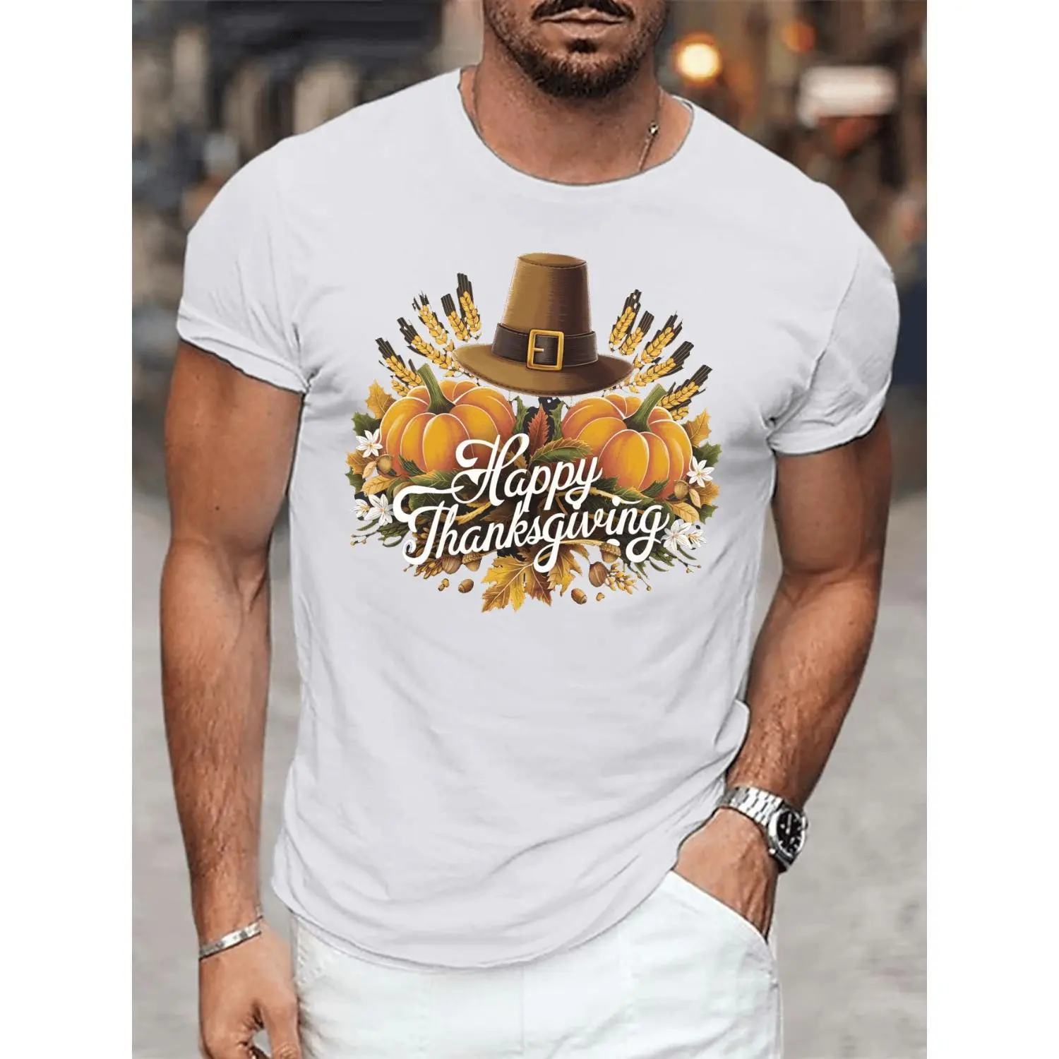 Men's Graphic T-Shirt, Unisex Casual Streetwear Top with Pilgrim Hat Print, Breathable Cotton Short Sleeve for Thanksgiving, Shortsleeve, Menswear