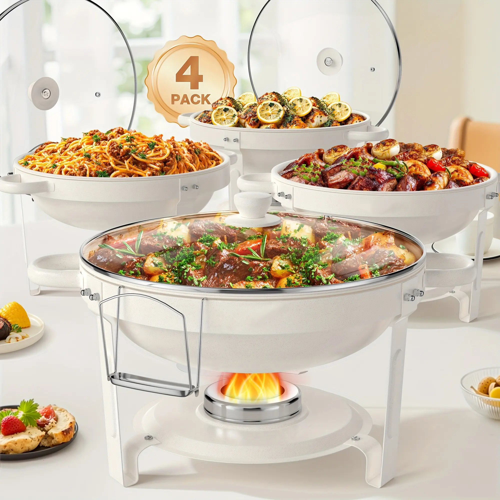 5QT Durable Maifanite-Coated Round Buffet Chafing Dishes (2/4 Pack) - Food Grade Pots, Glass Lid with Built-in Vent Hole, Mirror-Polished Stainless Steel, Rolled Rim, Stackable, Lid Holder, Keeps Food Warm/Cool for Hours for Wedding, Parties