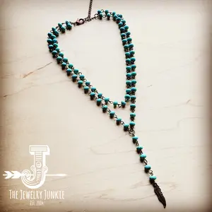 Double Strand Lariat Blue Turquoise Necklace w/ Copper Feather 251e