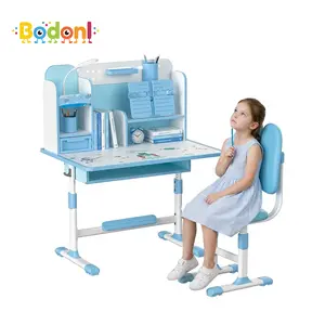 Bodonl Kids Study Desk Chair Set Height Adjustable with Sitting Corrector Ergonomic Design Book Stand Foot Pedal Partition Drawer for 3-18 Years Old Pink Blue