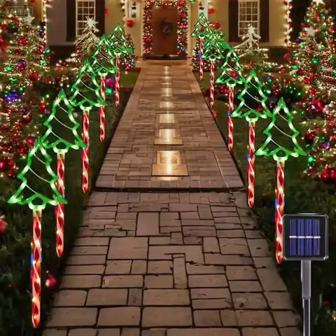 Set of 8 or 12, Solar-Powered Candy Cane Christmas Tree Ground Lights, Warm Yellow Outdoor Path Lights, 8 Lighting Modes, Automatic On/Off, IP44 Weatherproof Design, Suitable for Yards, Gardens, and Sidewalks Warm Toned Led Christmas Lights