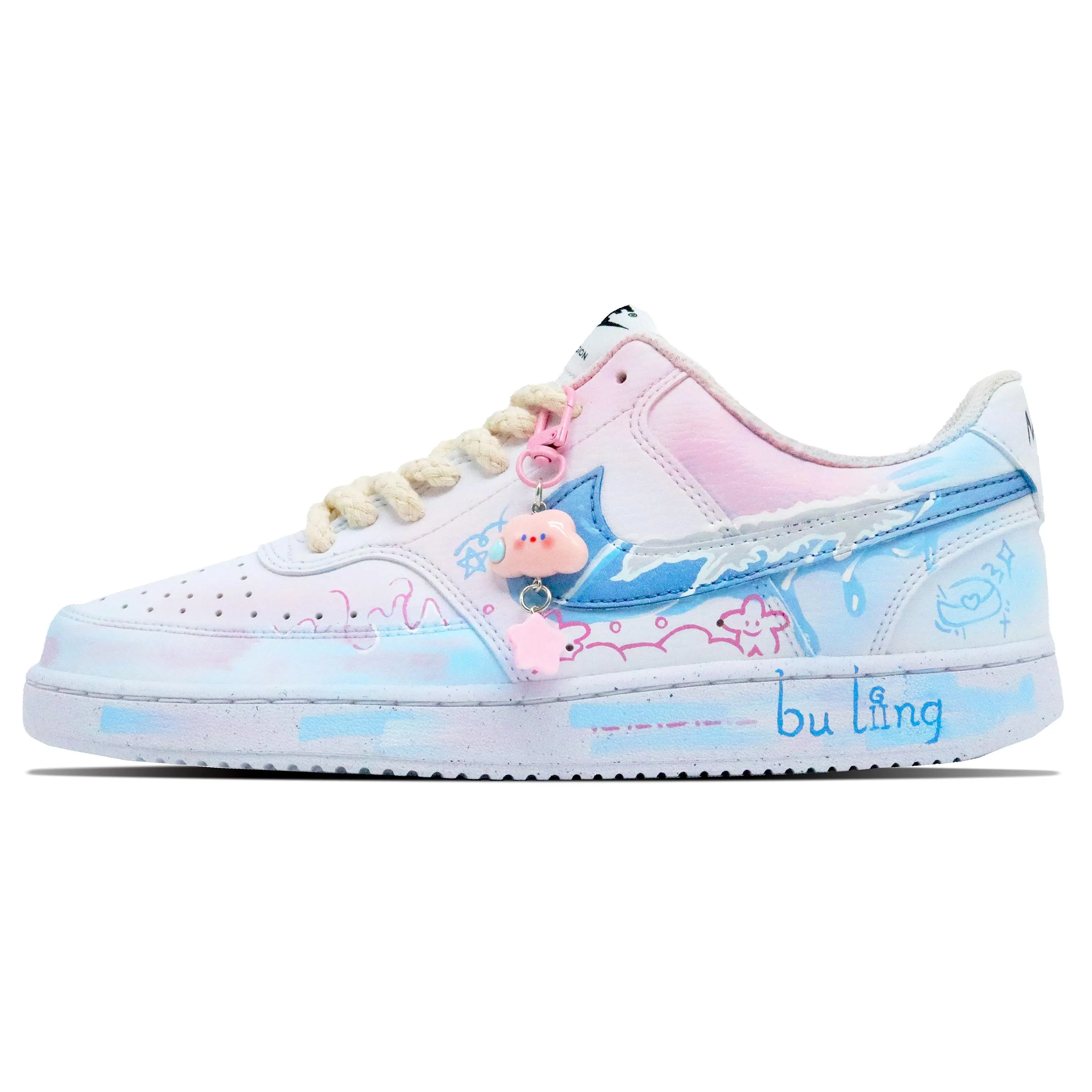 Nike Court Vision 1 Custom Low-Top Sneakers - Maison Mihara, Oceanic Design with Graffiti Art, Beach Vibes, Cotton Laces, Foam Insole, Daily Casual, House White Men's/Women's Official Flats