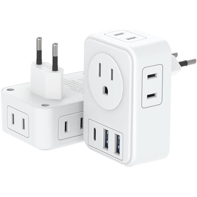 2 Pack European Travel Plug Adapter with USB C,  to  Power Adapters with 4 AC Outlets, 3 USB  Ports, International Plug Adapter, 7 in 1 Travel Essentials for  France Greece