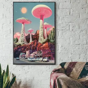 1pc frameless and vibrant mushroom art print, Canvas Prints, unique retro surrealist wall decoration, waterproof canvas suitable for living rooms and offices, adding fun to any space