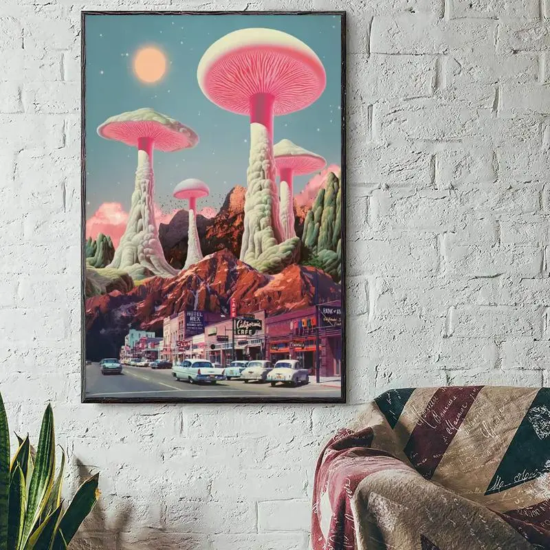 1pc frameless and vibrant mushroom art print, Canvas Prints, unique retro surrealist wall decoration, waterproof canvas suitable for living rooms and offices, adding fun to any space, Decorative Artwork, Artwork For Walls, Unframed Wall Art