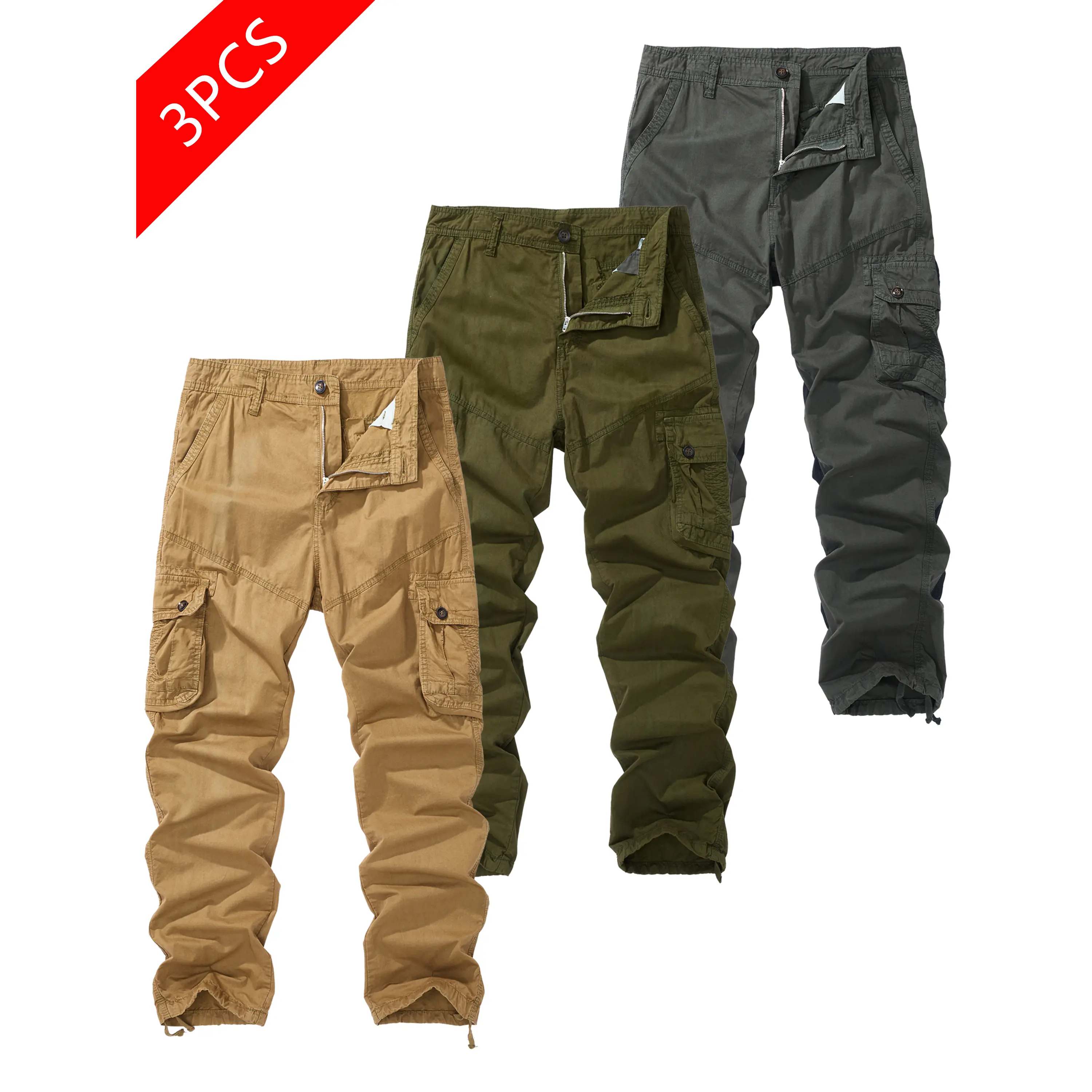 Men's 3-Pack Solid Color Cargo Pants in 100% Cotton, Casual Loose Fit with Cuffed Ankles and Multiple Pockets, Menswear