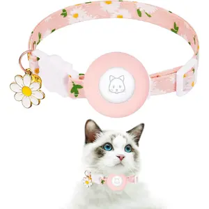 Airtag Cat Collar, Kitten Collar Breakaway with Silicone Airtag Holder, Bells & Flower Charm for Girl Cats Boy Cats Small Dogs(Pink)