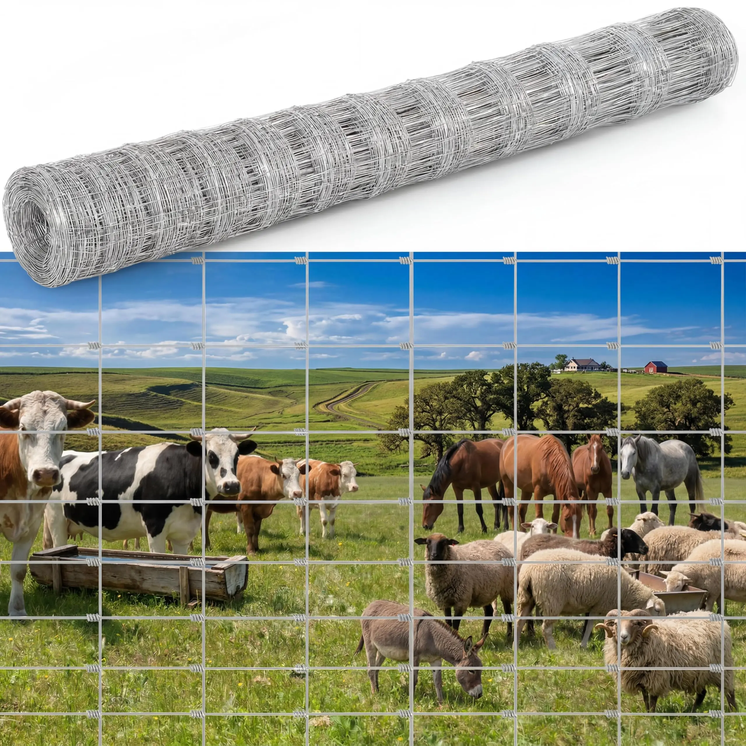 Cattle Fence,12 Gauge Heavy Duty Galvanized Woven Wire Fencing, Hinge Knot Livestock Fence for Cattle Goat Sheep Hog Deer Horse, Metal Garden FieldFence for Pasture Yard Garden Farm