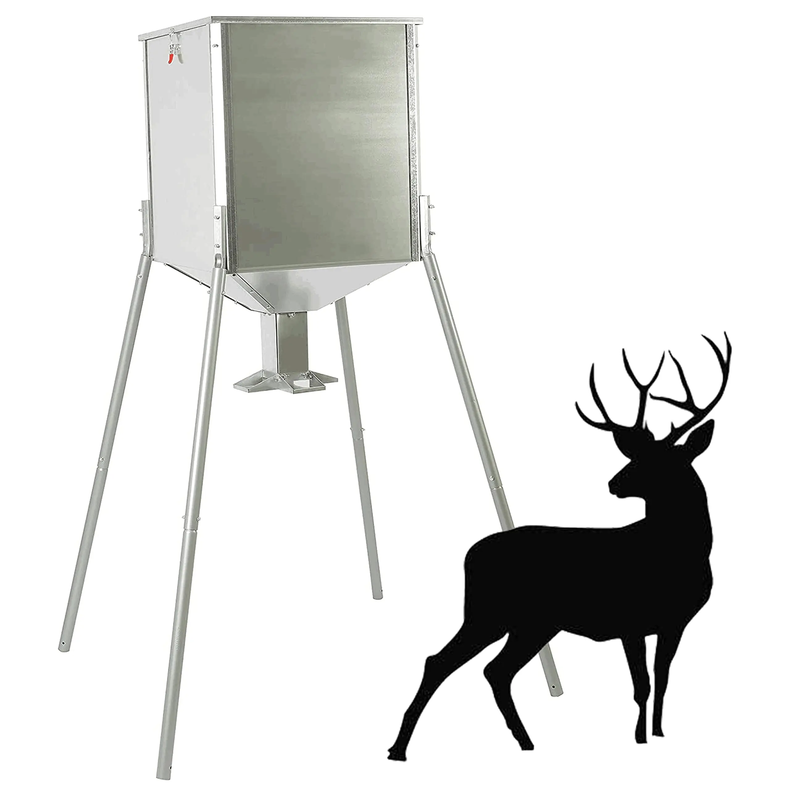 KQQIO Zinc-Plated Steel Outdoor Gravity Flow Deer Feeder with Stable Tripod Stand, 450lb Capacity, 78in Tall Rust & Water-Resistant Structure, 25in×25in Base, Internal Cone, 73lb, Hunting Feeding, Assembly Instructions Included (No FT Kit)