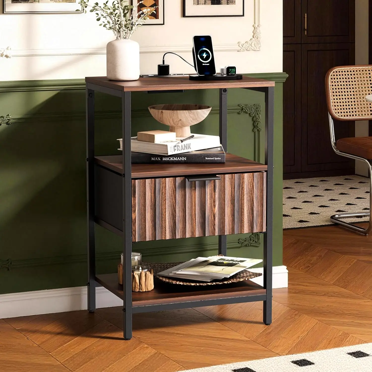 Fluted Nightstand with Charging Station, End Table with Fabric Drawer, Night Stand with Storage Shelf & Handle, Fluted Side Table for Bedroom/Living Room