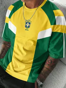 Brazil Team Badge Flag Color Short Sleeve T-Shirt, Contrast, Team Logo Print, Casual Sporty Design for Fans