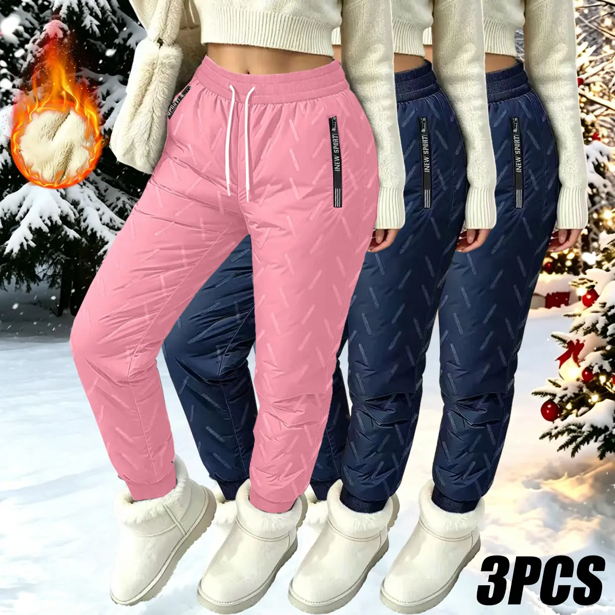 Women’s 3-Pack Casual Sport Joggers with Pockets - Windproof, Warm, Elastic Waistband, Side Pockets, Polyester Blend, Cuffed Ankles - Suitable for Skiing, Winter Travel