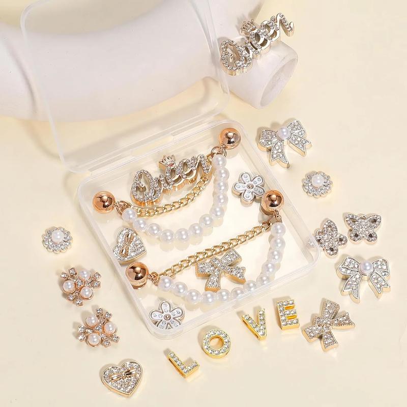SOGLLQAM Bling Rhinestones and Pearls Shoe Charms Set with Sparkling Shoe Chains, LOVE Queen Letter Charms for DIY Women's Clog Sandals Decor | Trendy Shoe Accessories for Party Girls and TikTok Fashion Gifts