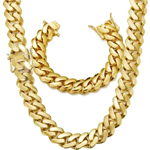 14K Gold Chunky Miami Cuban Chain & Bracelet Set – Hidden Magnetic Clasp, Flat Polished Links, Lightweight Heavyweight Feel | 14/18/22mm | Custom Lengths 7.5”–30”