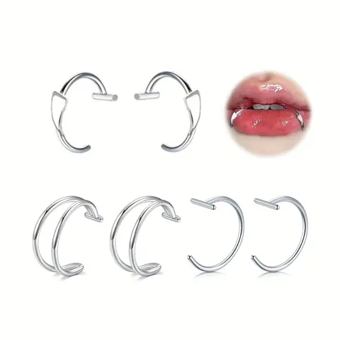 3 pairs Non-Piercing Fake Lip Jewelry Body Jewelry Set, Body Jewellery - Clip-On Lip Cuffs, Faux Snake Bite Hoops & Double Hoop Rings, Stainless Vampire Fangs Accessories, Easy to Use, No Piercing Needed, for Parties Lip Clips