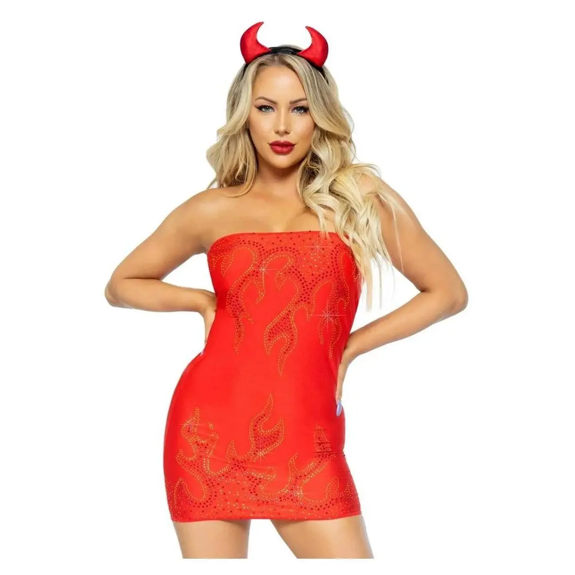 Leg Avenue Bedazzled Devil Rhinestone Flame Tube Dress, Pin-On Tail, and Devil Horn Headband