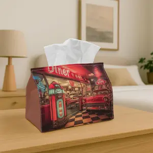 Tissue Box with Retro Diner Scene with Red Car and Checkered Floor  Decorative Storage Box for Holiday Home Decor, Kitchen, Living Room, Car - Festive Tissue Dispenser Ideal Gift, Compact & Stylish for Tissues or Decorative Use