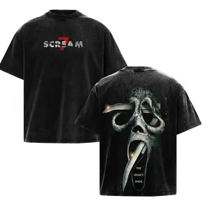Men's Vintage Washed Oversized Round Neck Short-Sleeve Graphic Scream7 T-Shirt - Iconic Slasher Movie Themed, Front Cracked Letter Logo, Back Worn Ghostface Knife Art Dual Print Cotton Top For Horror Enthusiasts