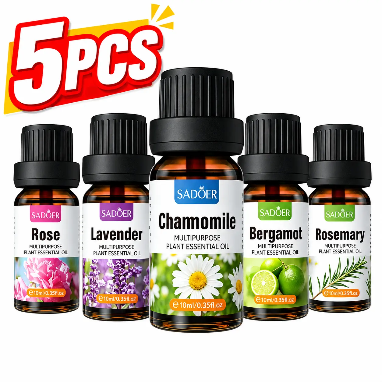 5PCS Floral Aroma Oil Set for Diffuser, Rose Lavender Chamomile Bergamot Rosemary, Home Fragrance Scent Gift Set