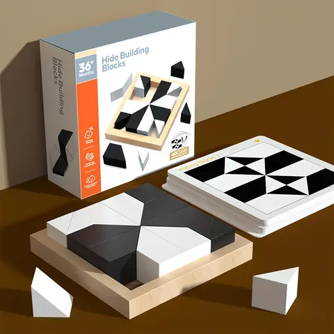 Wooden Hidden Blocks Puzzle Game - STEM Montessori Puzzle, BPA-Free Wooden Handmade Beech Wood Brain Teaser, 80 Challenges, Solid Wood Box, Deluxe Black & White Geometric Blocks, 3+ Years Gift for Brain Development & 3D Spatial Workout